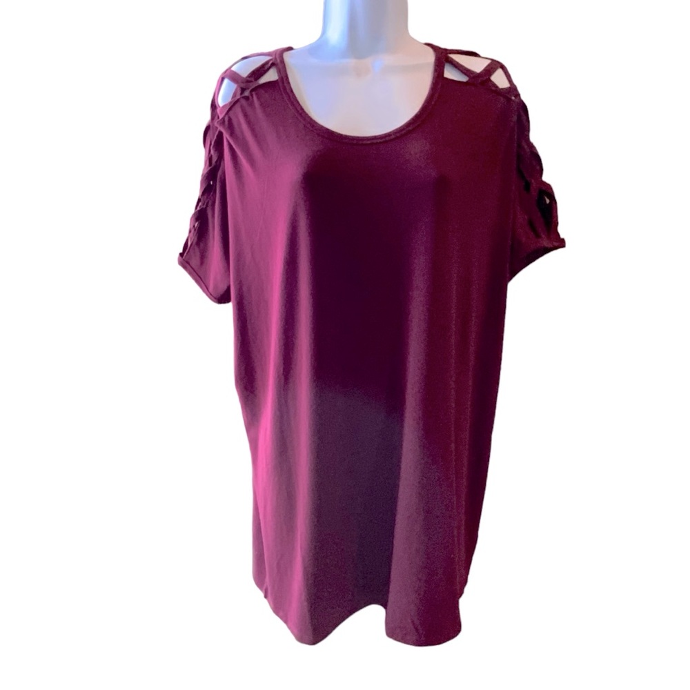 Sheila Rose SizeXL Top Burgundy Criss Cross Cold Shoulder Scoop Neck Long